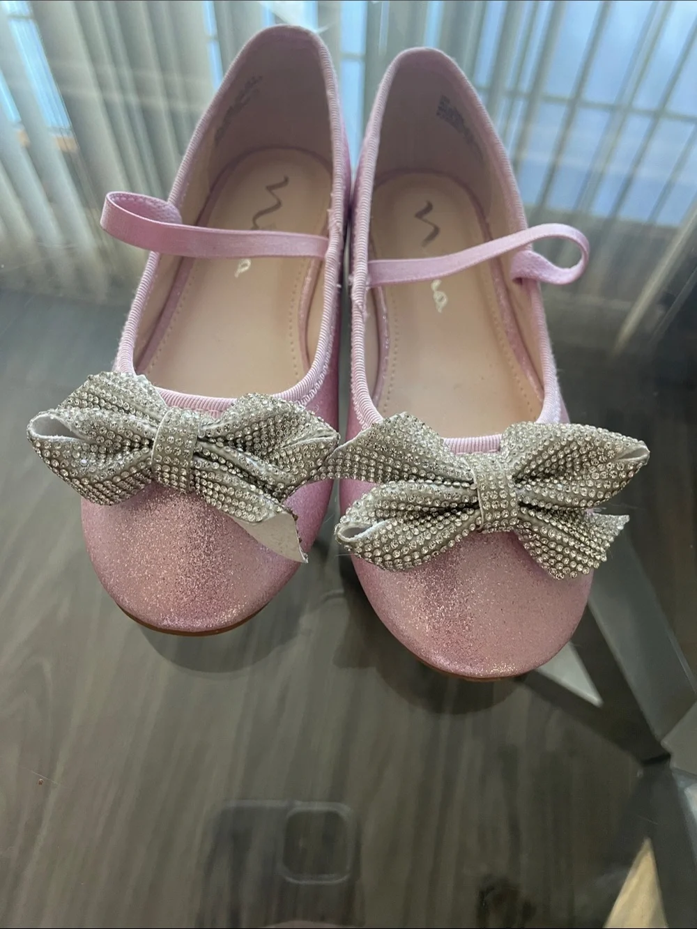 Nina Girls Sparkly Pink Mary Janes with Rhinestone Bow